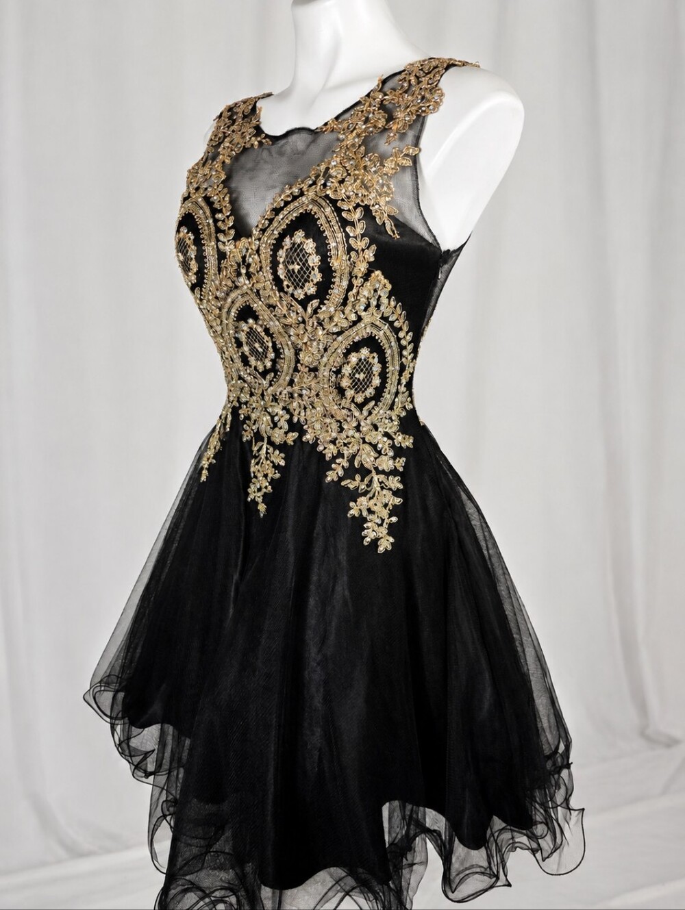 Vintage Mini Couture Black & Gold Beaded Cocktail Dress | Sz 4 6| Sheer